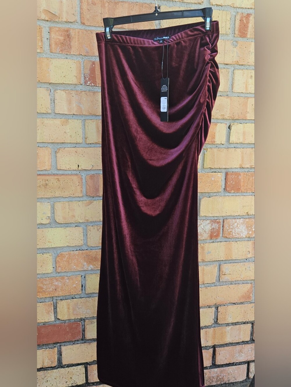 Fashion Nova Wine Ruched High-Slit Velvet Maxi Skirt